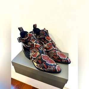 Allsaints | Darcy Red Leather Snake Print Pointed Toe Buckle Booties